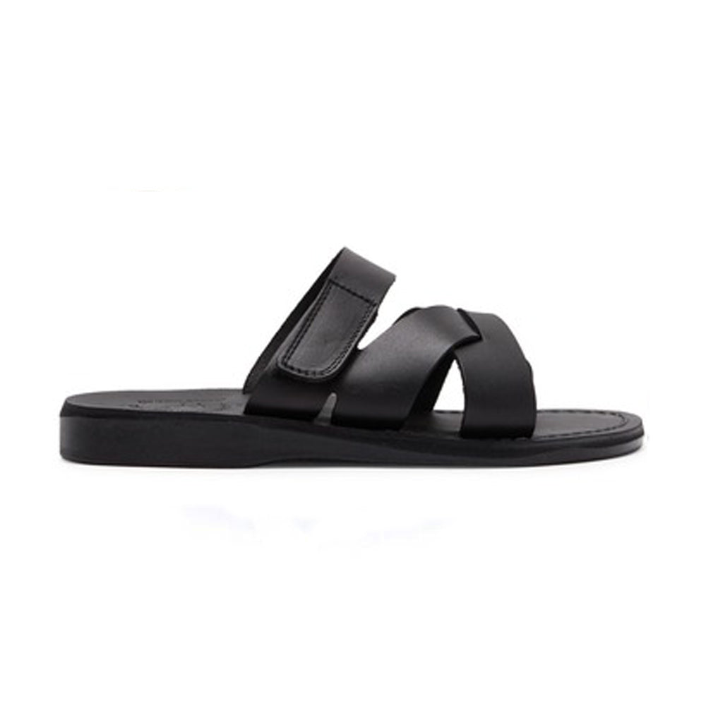 Rafael black, handmade leather slide sandals with side velcro strap - Side View