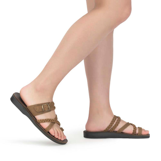 Model wearing Sophia - Leather Braided Flat Sandal | Oiled Brown - side view