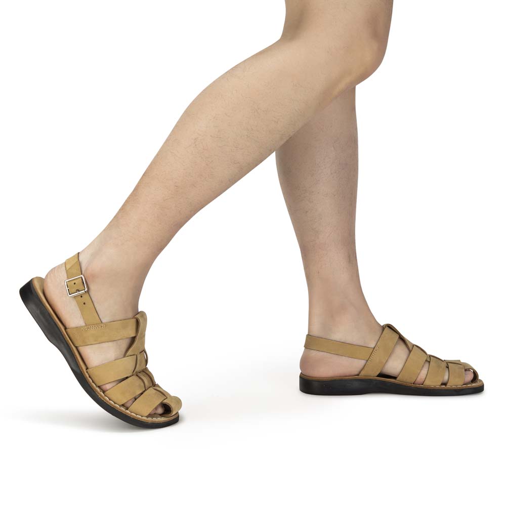 Model wearing Michael Yellow Nubuck closed toe leather sandal - side view