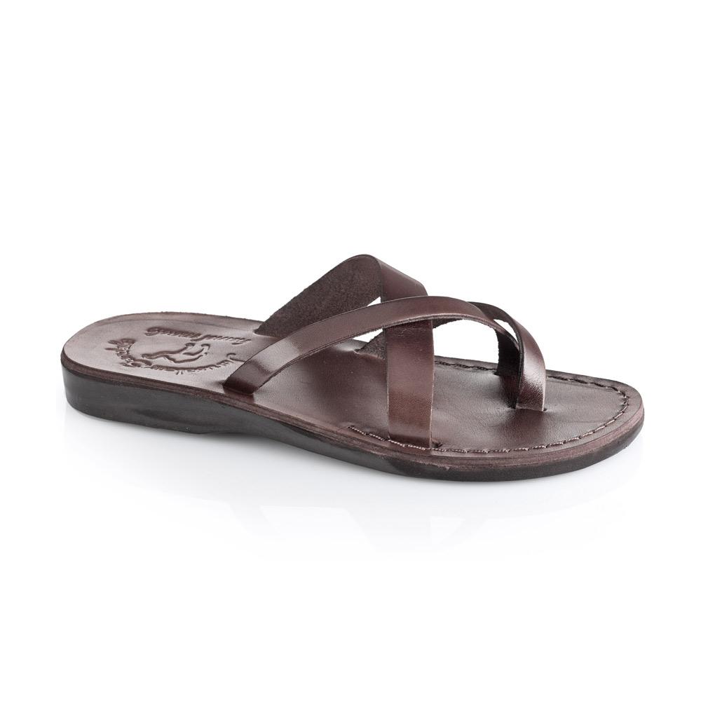 Abigail brown, handmade leather slide sandals with toe loop - Front View
