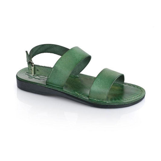 Golan green, handmade leather sandals with back strap  - Front View