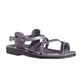 The Good Shepherd Buckle gray, handmade leather sandals with back strap and toe loop - front view