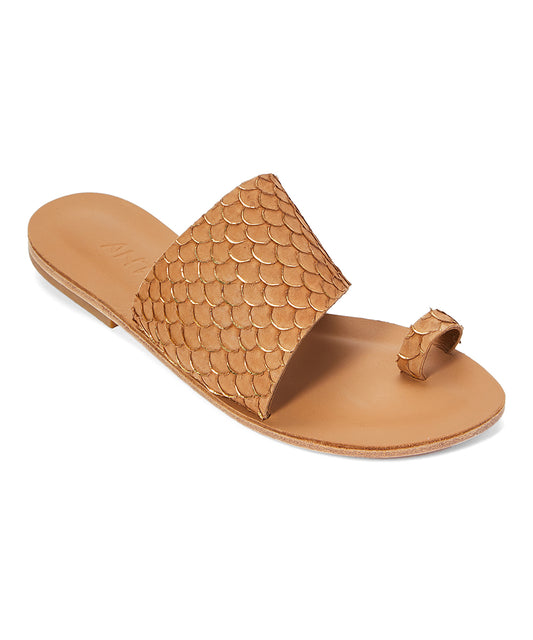 Wilshire Blvd tan, handmade leather slide sandals with toe loop - Front View