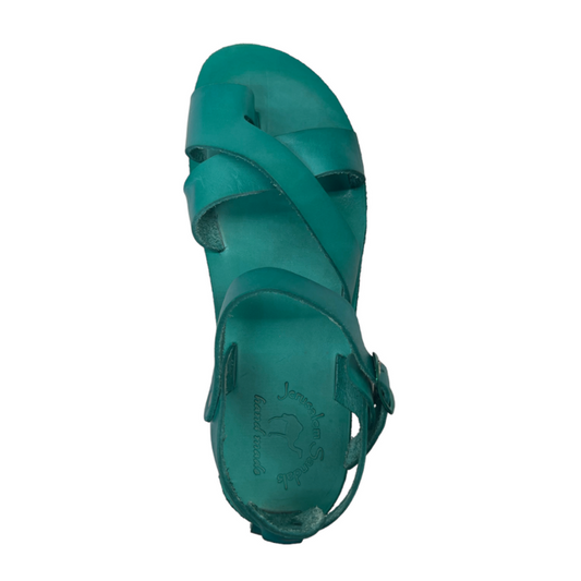 Tovah turquoise, handmade leather sandals with back strap and toe loop- Side View