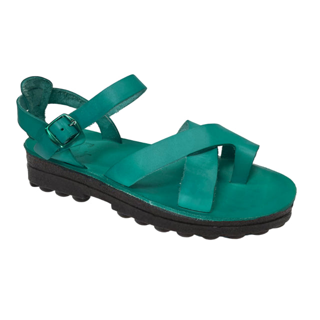 Tovah turquoise, handmade leather sandals with back strap and toe loop - Front View