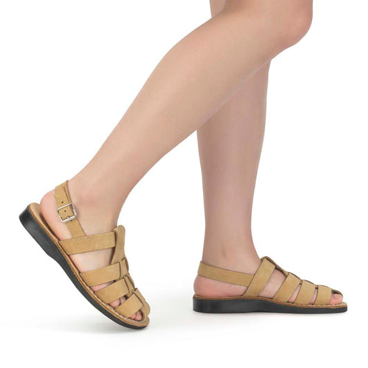 Model wearing Michael Yellow Nubuck Leather Sandals - Side View