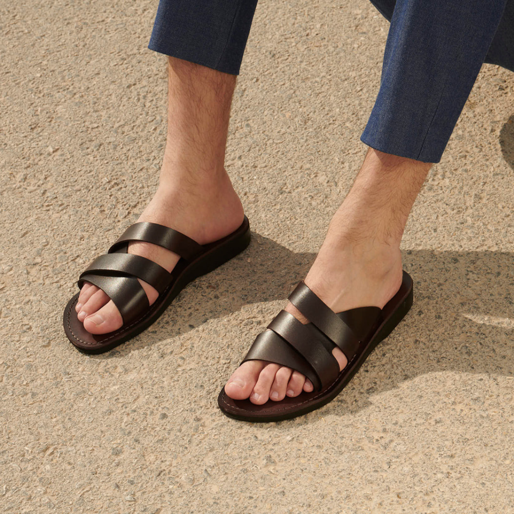 Lucas - Leather Open Toe Slide Sandal | Brown