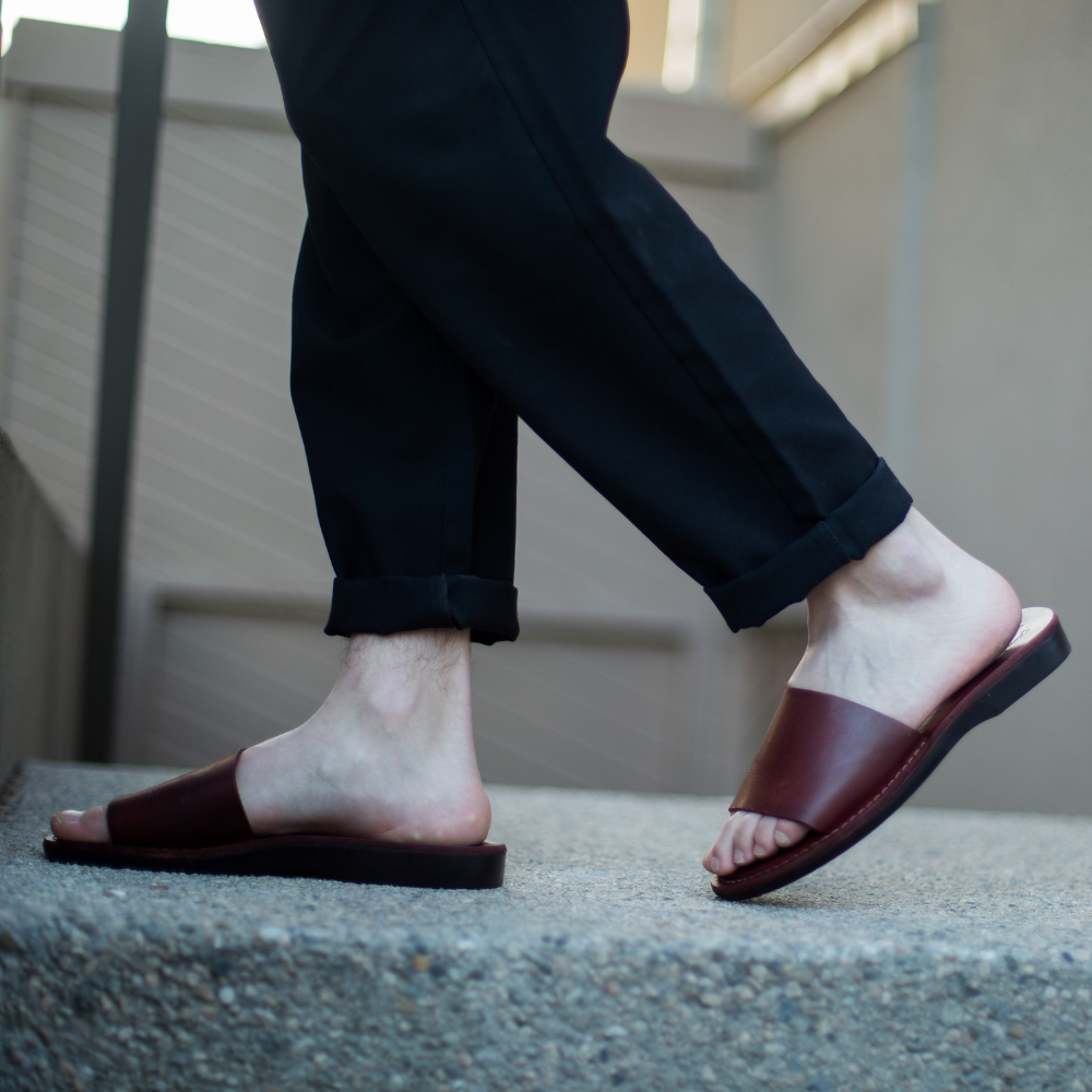 Bashan | Brown Leather Wide Strap Slide Sandal – Jerusalem Sandals
