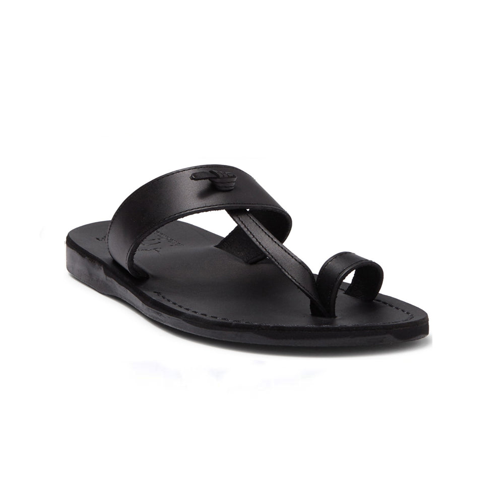 Nathan black, handmade leather slide sandals with toe loop - Front View