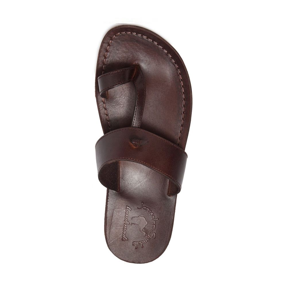 Nathan brown, handmade leather slide sandals with toe loop - Top View