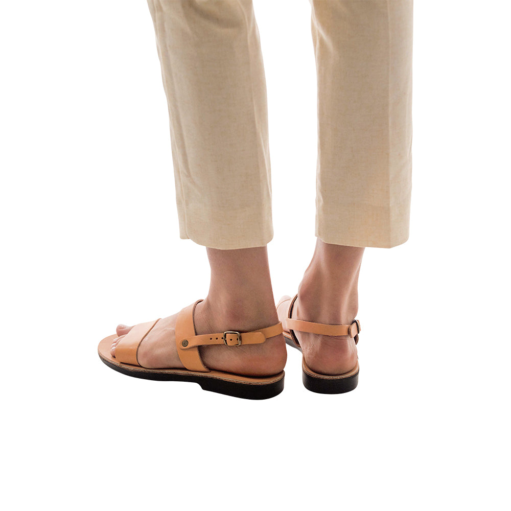Ziv tan, handmade leather sandals with back strap - model back View