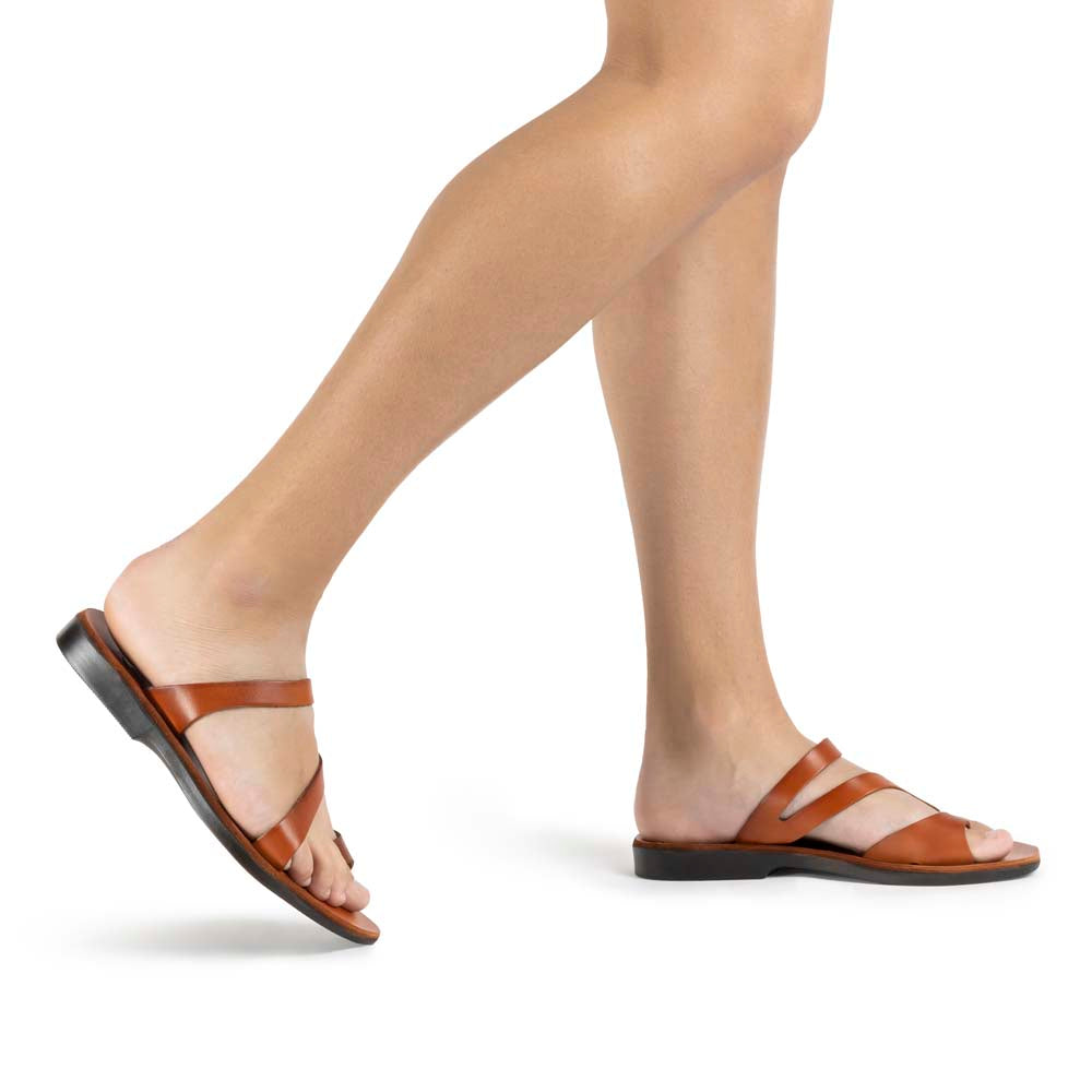 Noah Honey, handmade leather slide sandals with toe loop - Model View