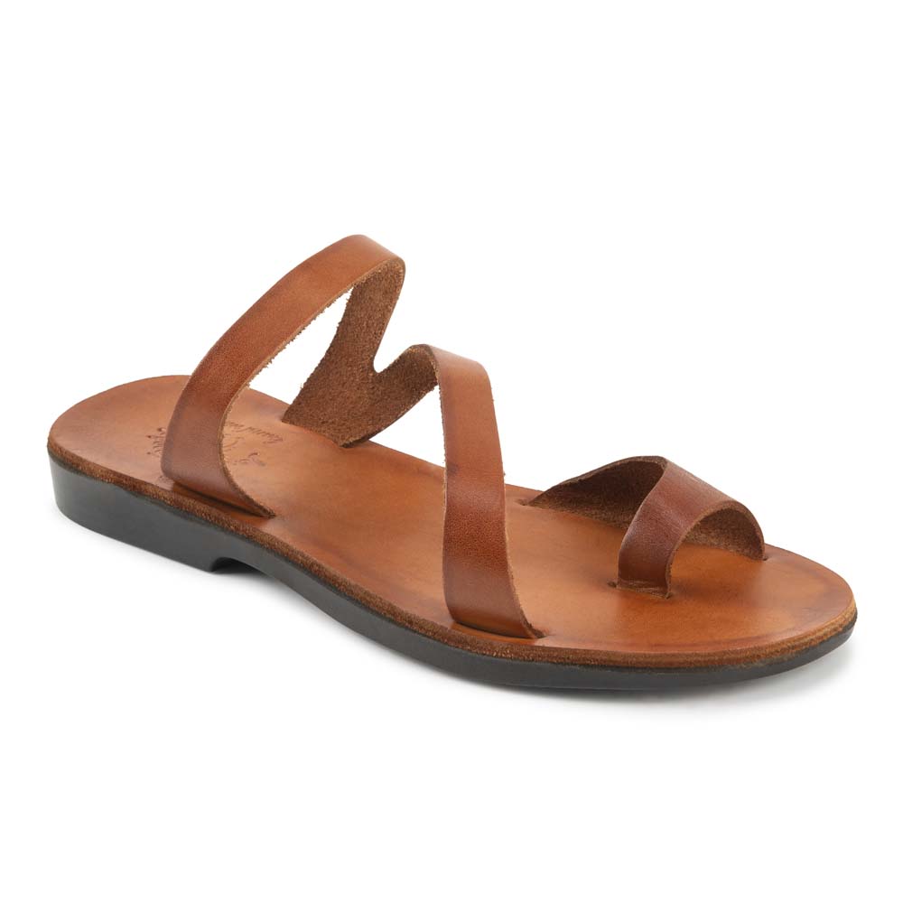 Noah Honey, handmade leather slide sandals with toe loop - Front View