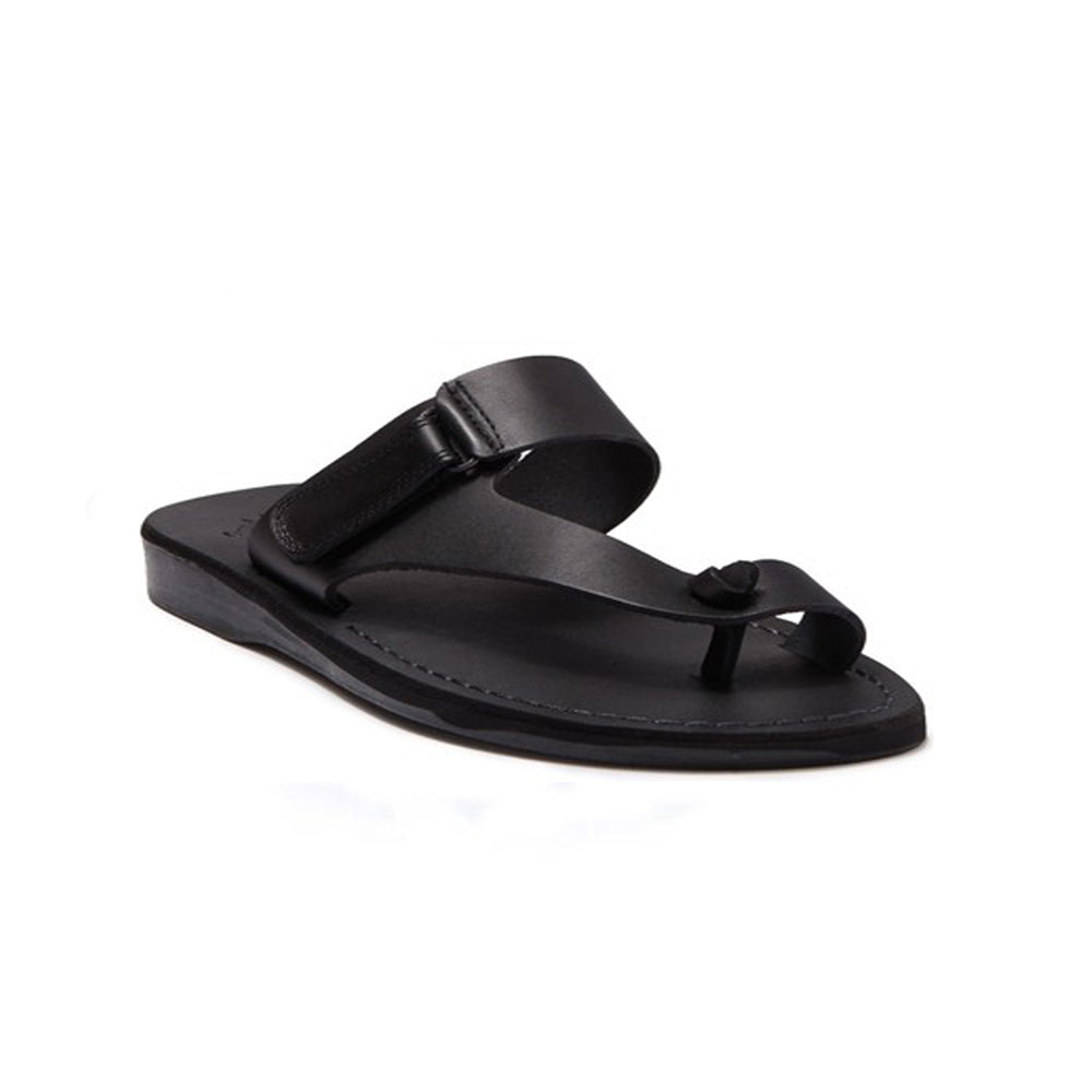 Rafael black, handmade leather slide sandals with side velcro and toe loop - Front View