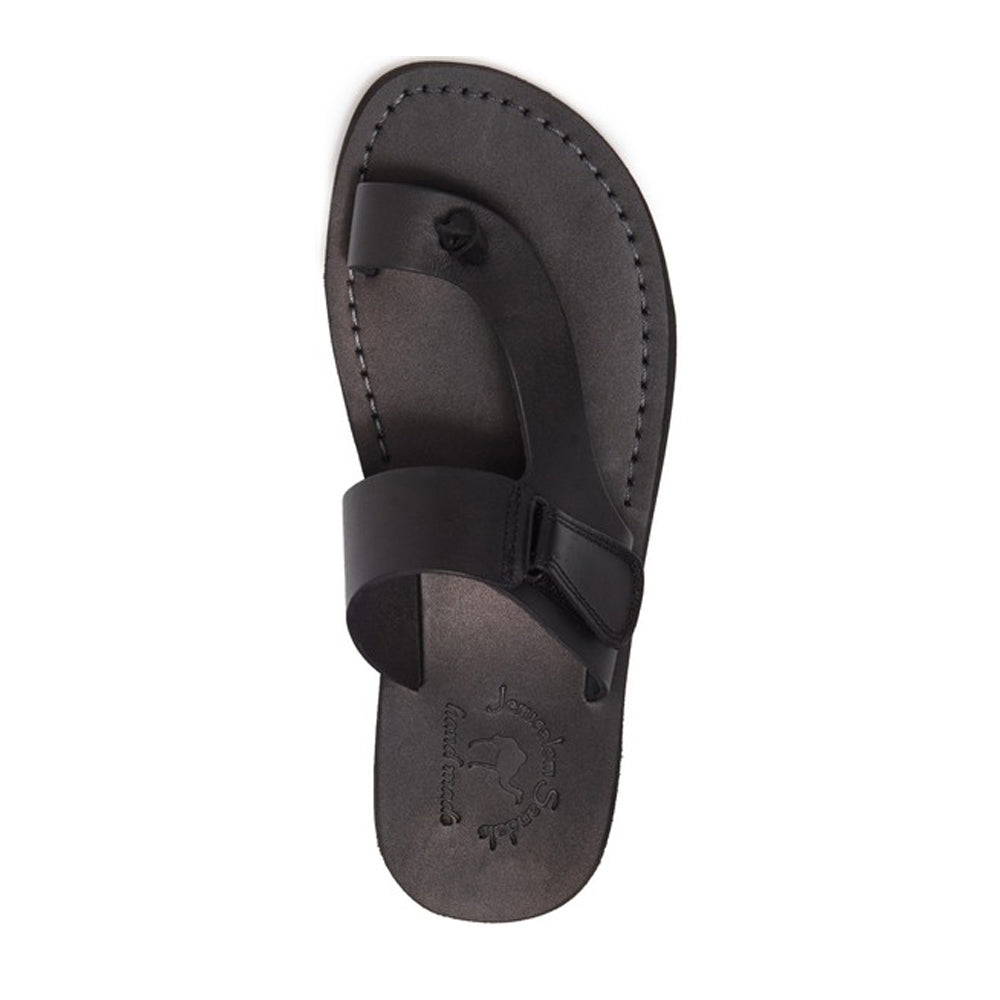 Rafael black, handmade leather slide sandals with side velcro and toe loop - Top View