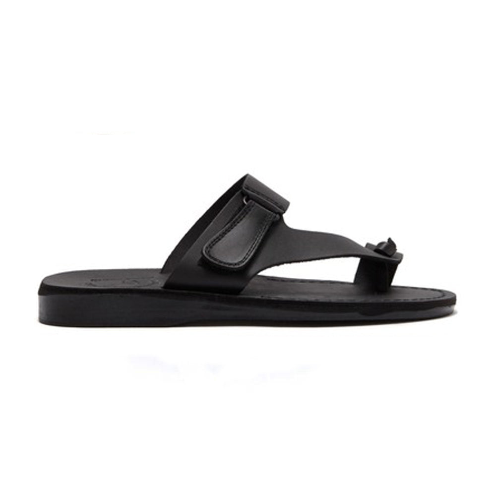 Rafael black, handmade leather slide sandals with side velcro and toe loop - Side View