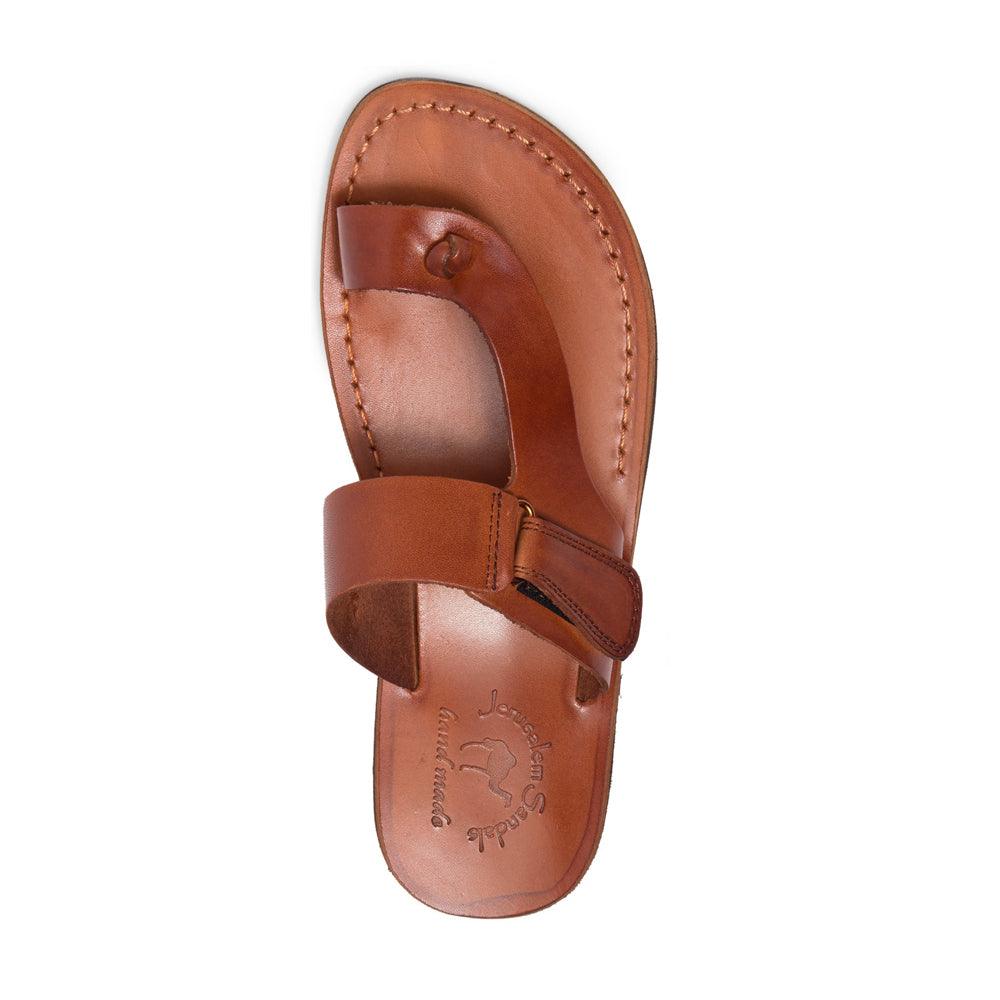 Rafael honey, handmade leather slide sandals with side velcro and toe loop - Top View