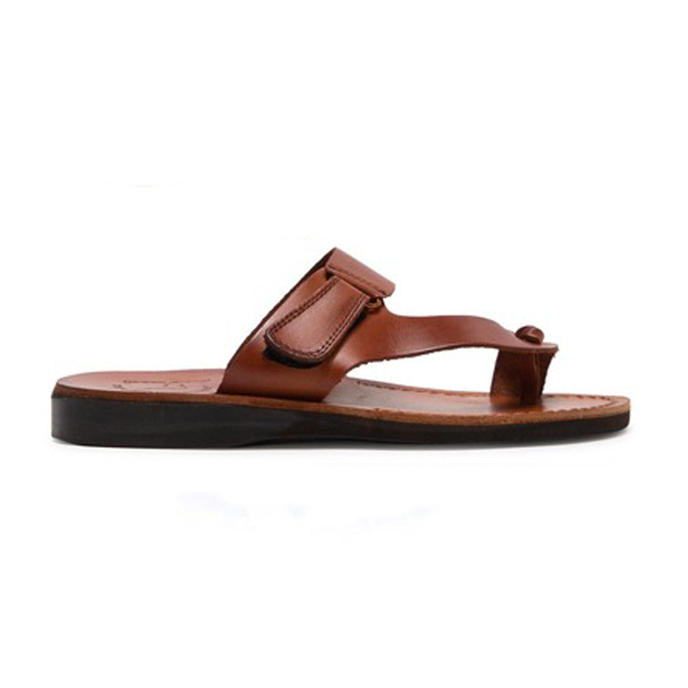 Rafael honey, handmade leather slide sandals with side velcro and toe loop - Side View