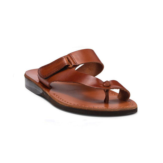 Rafael honey, handmade leather slide sandals with side velcro and toe loop - Front View