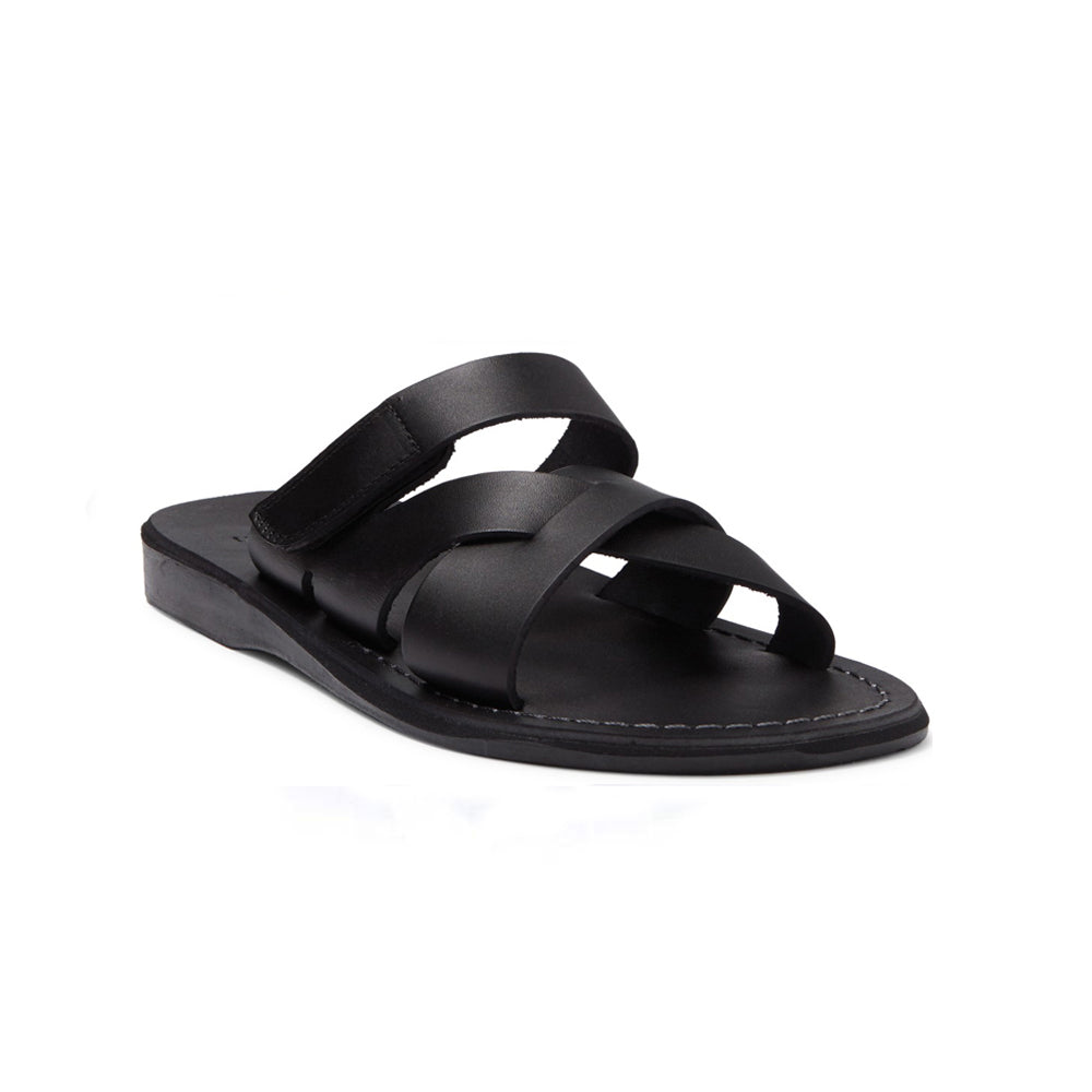 Rafael black, handmade leather slide sandals with side velcro strap - Front View
