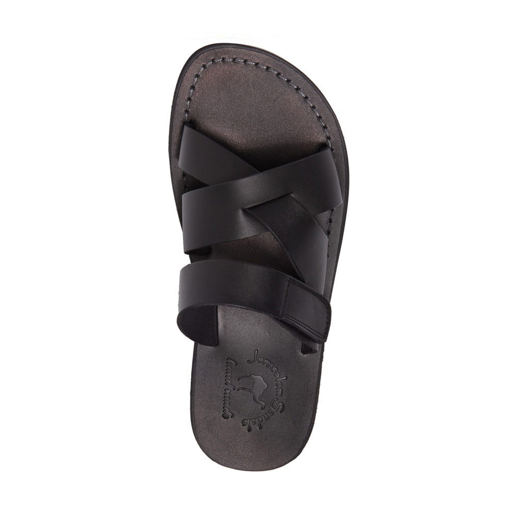 Rafael black, handmade leather slide sandals  with side velcro strap - Top View