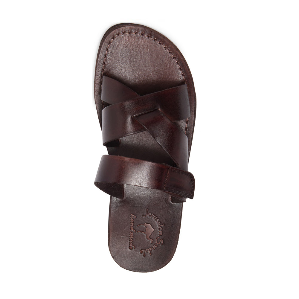 Rafael brown, handmade leather slide sandals with side velcro strap - Front View