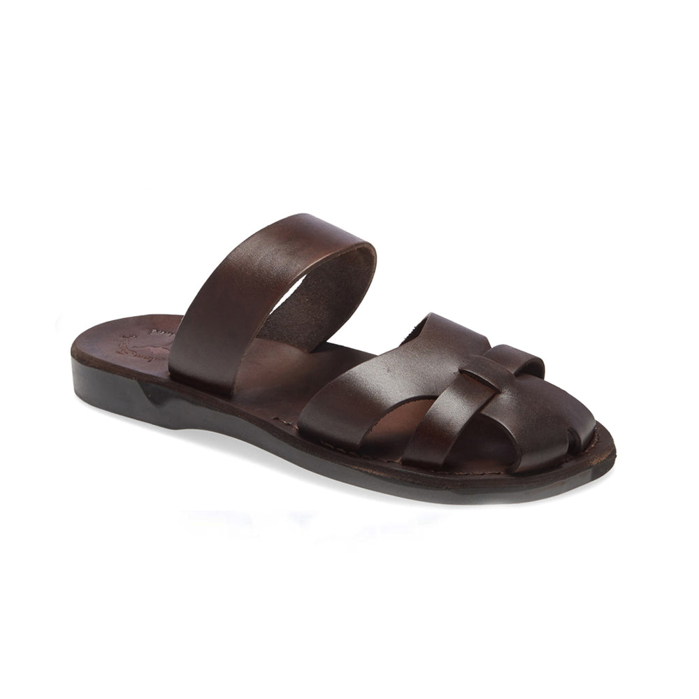 Adino brown, handmade leather sandals slide on with enclosed toes - front side view