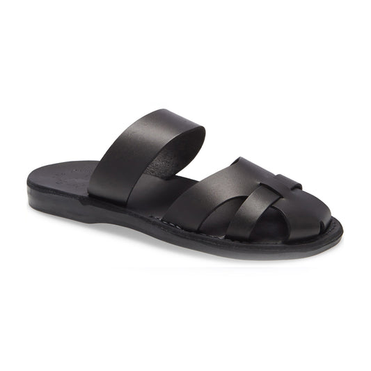Adino black, handmade leather sandal slide with enclosed toes - front side view