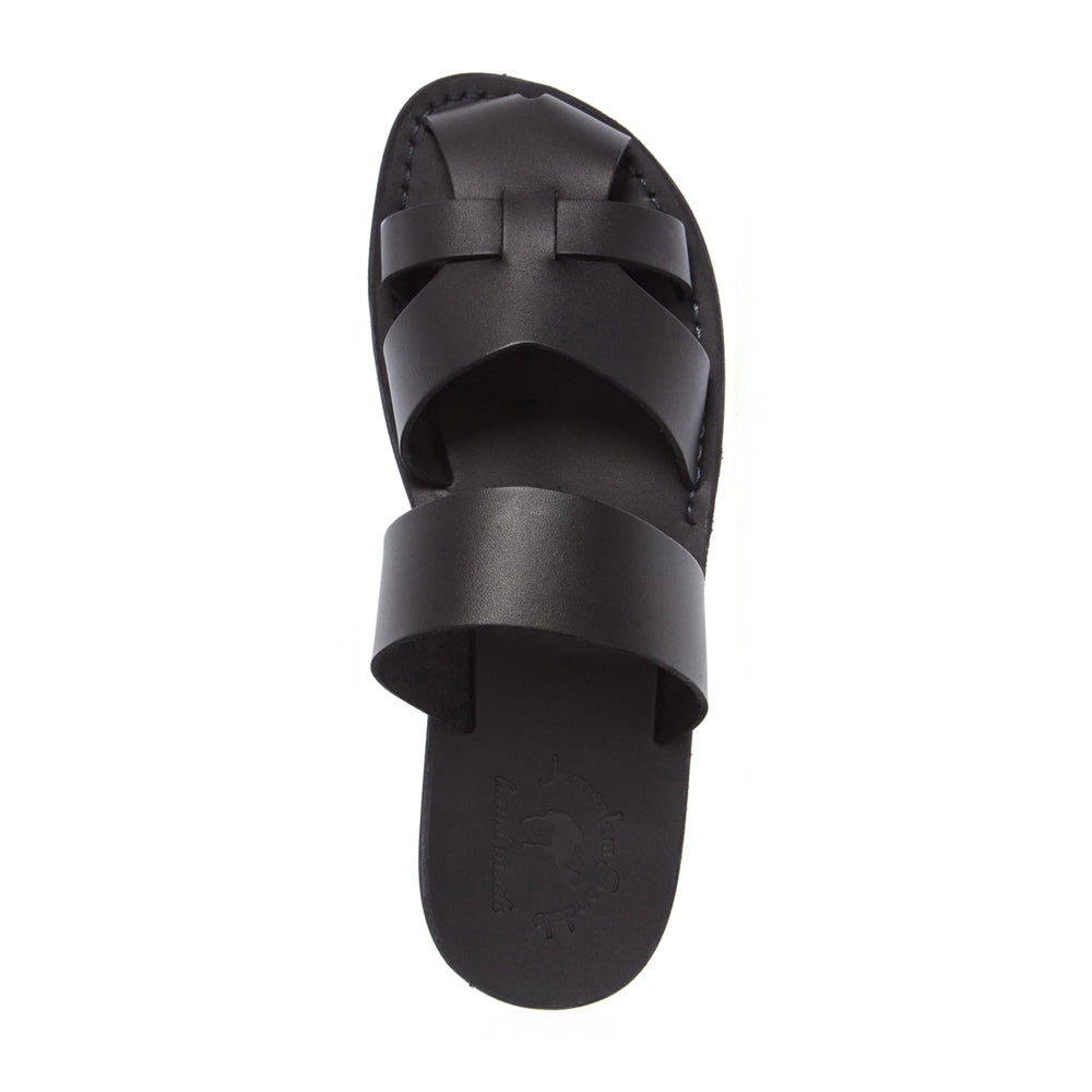 Adino black, handmade leather sandal slide with enclosed toes - top view
