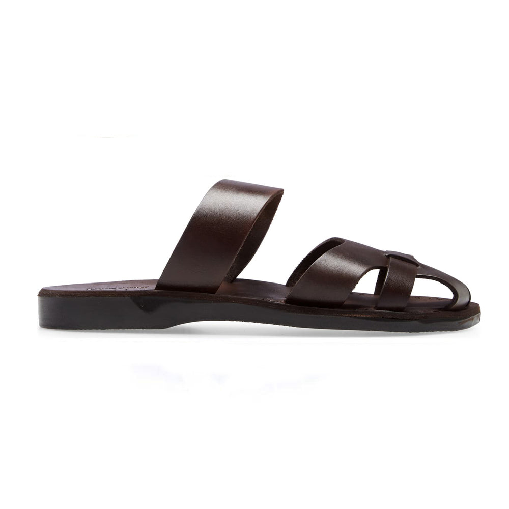 Adino brown, handmade leather sandals slide on with enclosed toes - side view
