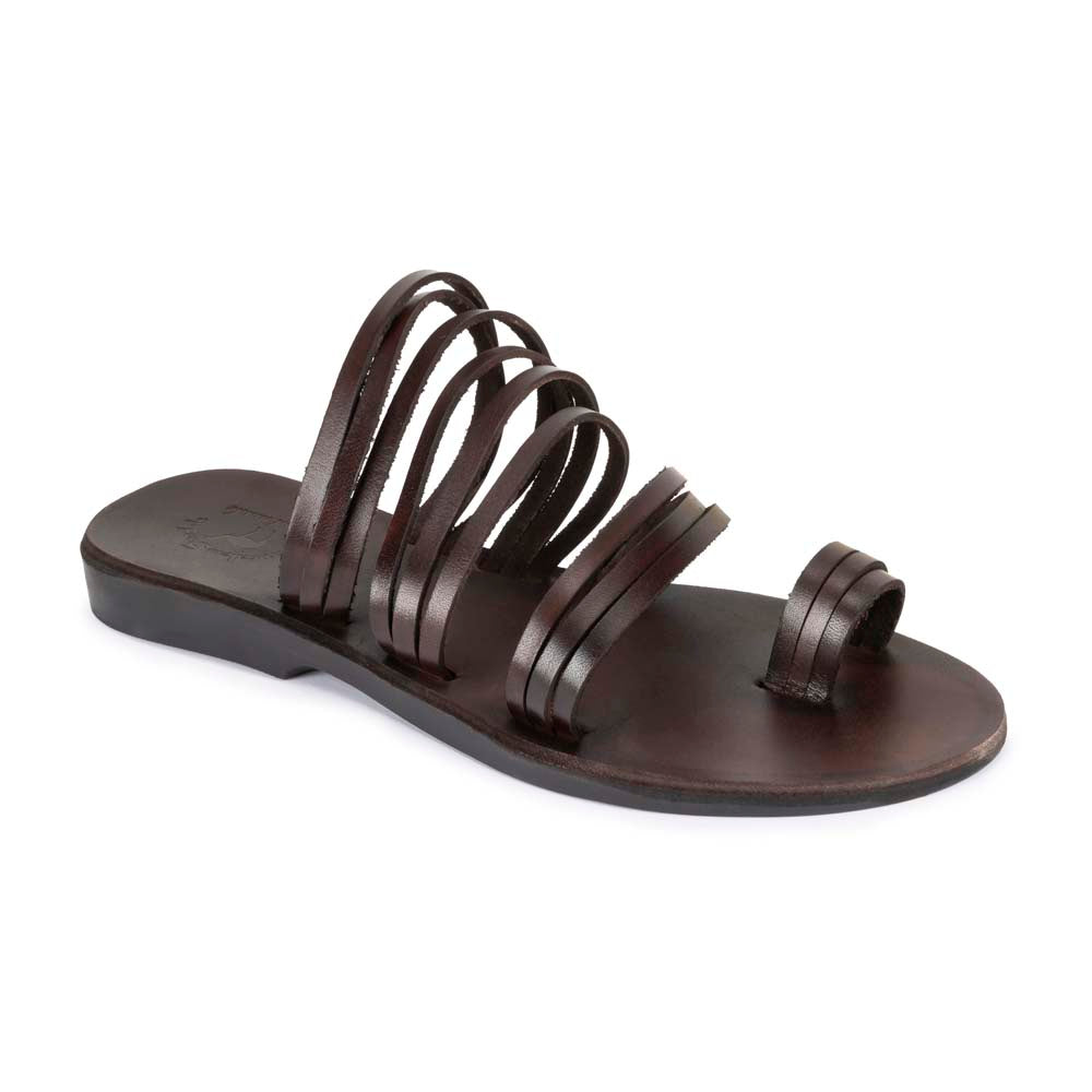 Layla brown, handmade leather slide sandals with toe loop - Front View