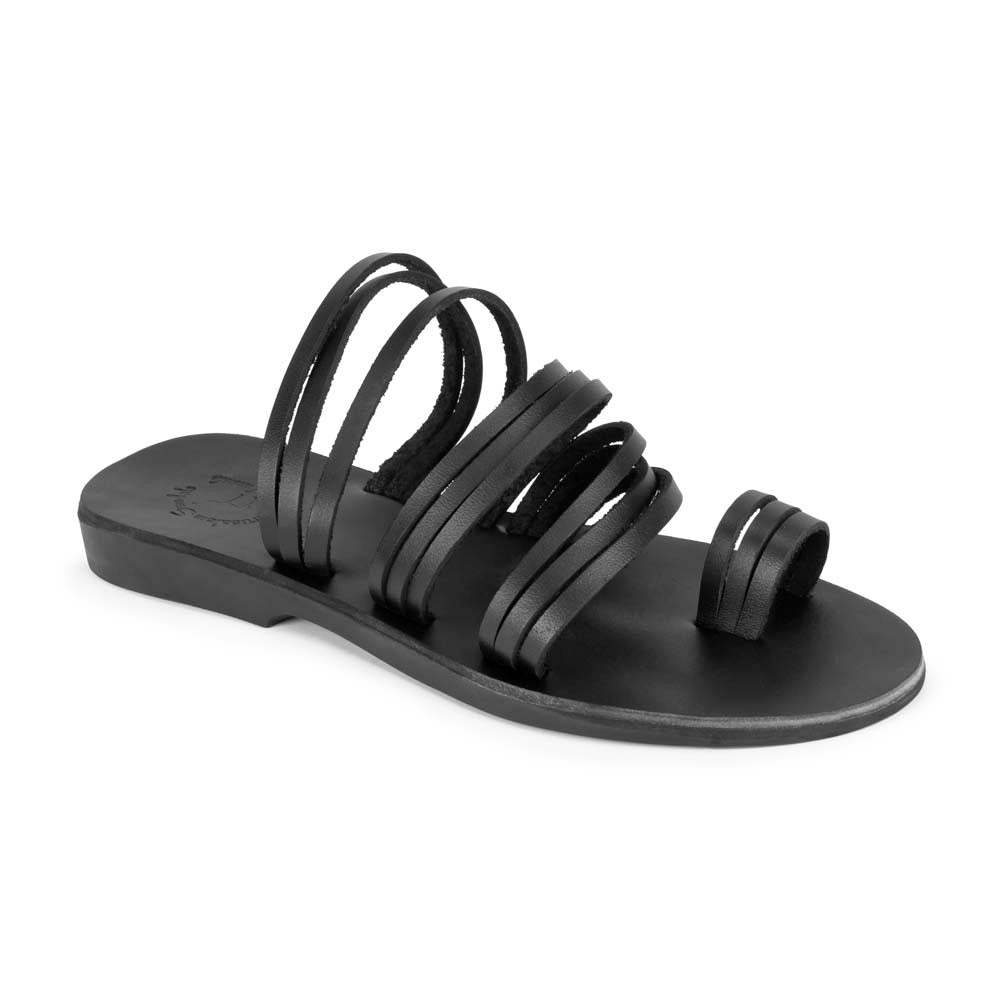 Layla black, handmade leather slide sandals with toe loop - Front View