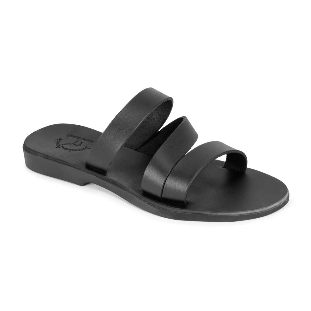 Mila black, handmade leather slide sandals - Front View