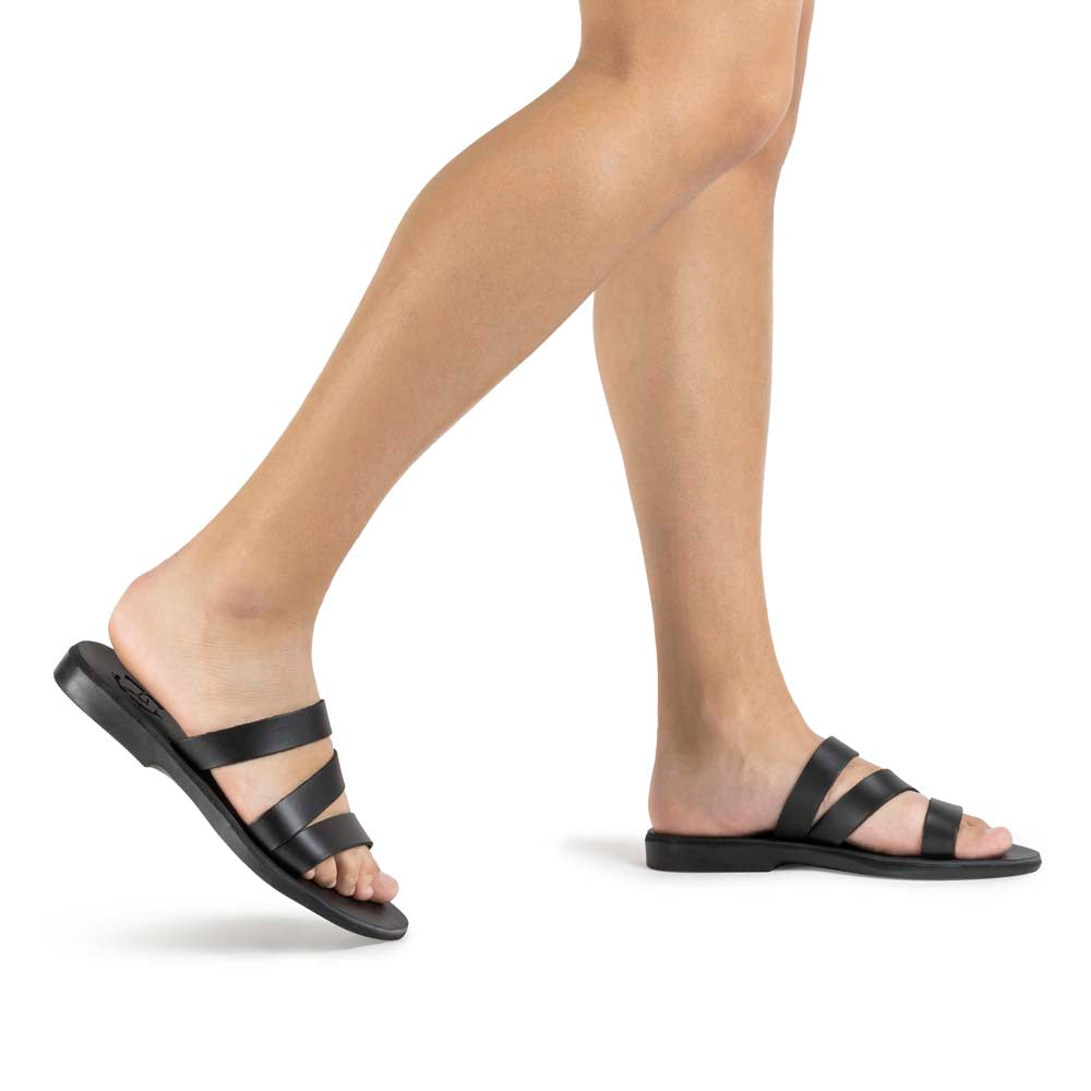 Mila black, handmade leather slide sandals - Model View
