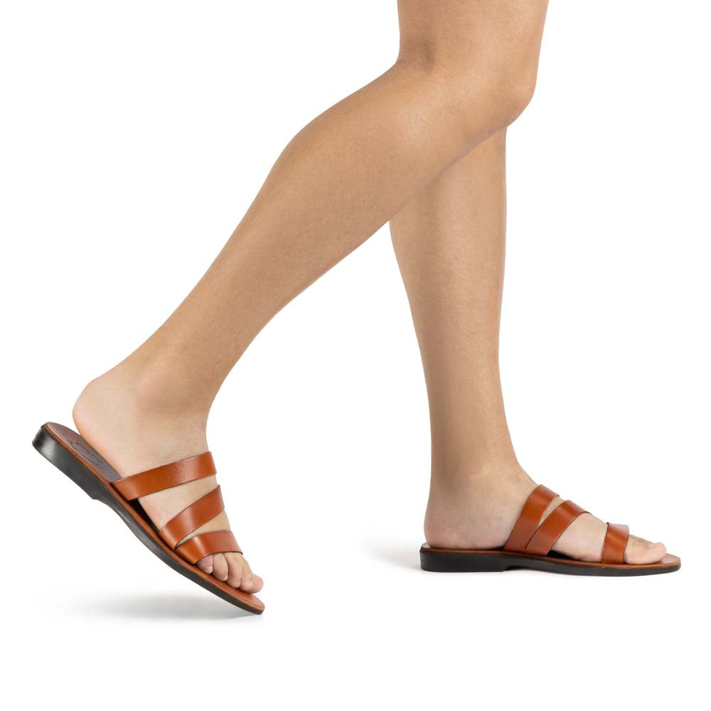Mila honey, handmade leather slide sandals - Model View