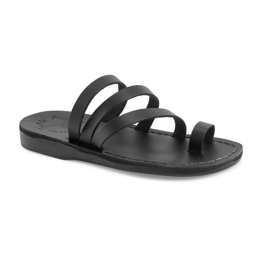 Nora black, handmade leather slide sandals with toe loop - Front View