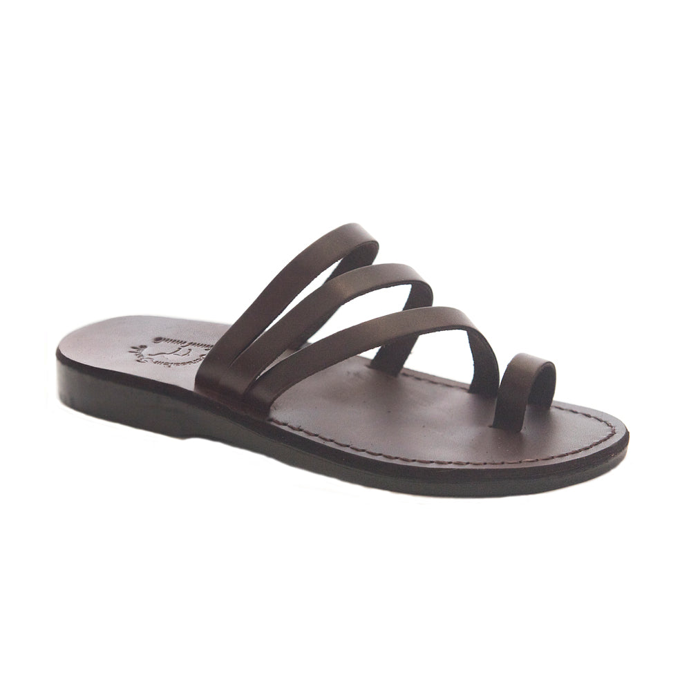 Nora brown, handmade leather slide sandals with toe loop - Front View