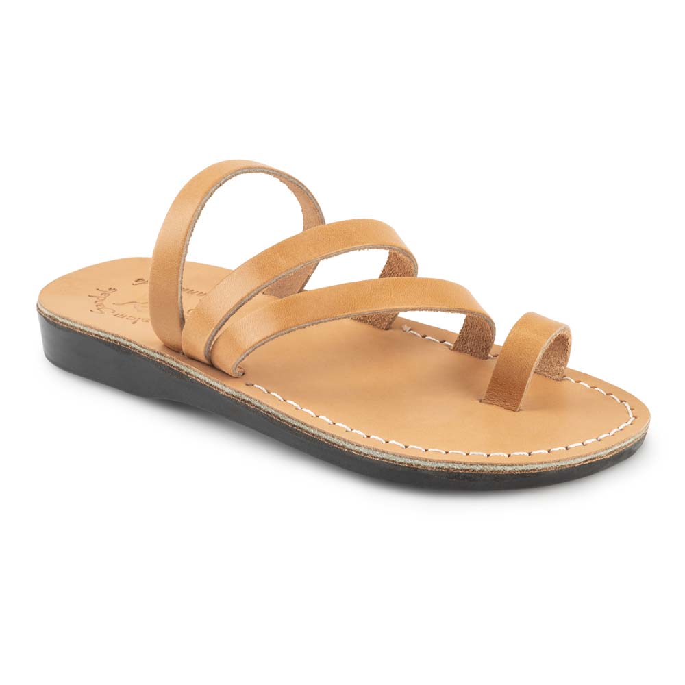 Nora Tan, handmade leather slide sandals with toe loop - Front View