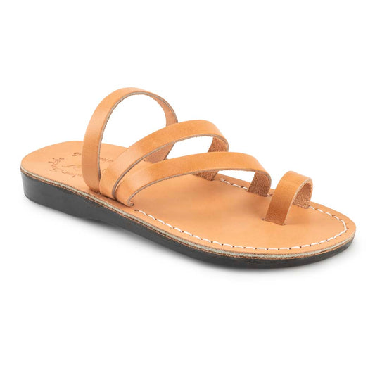 Nora Tan, handmade leather slide sandals with toe loop - Front View
