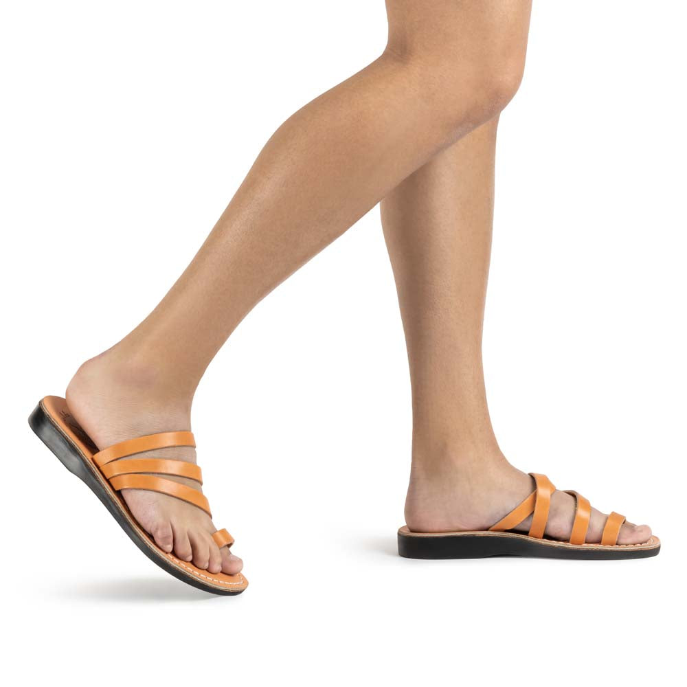 Nora Tan, handmade leather slide sandals with toe loop - Model View