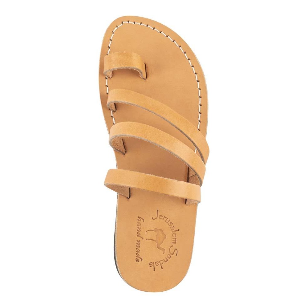 Nora Tan, handmade leather slide sandals with toe loop - Up View