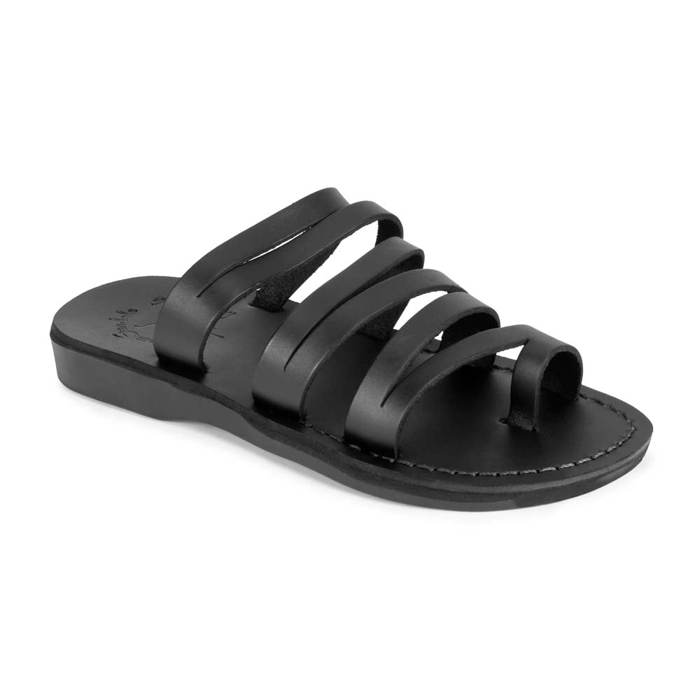 Ellie Black, handmade leather slide sandals with toe loop - Front View