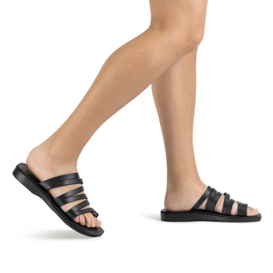 Ellie Black, handmade leather slide sandals with toe loop - Model View