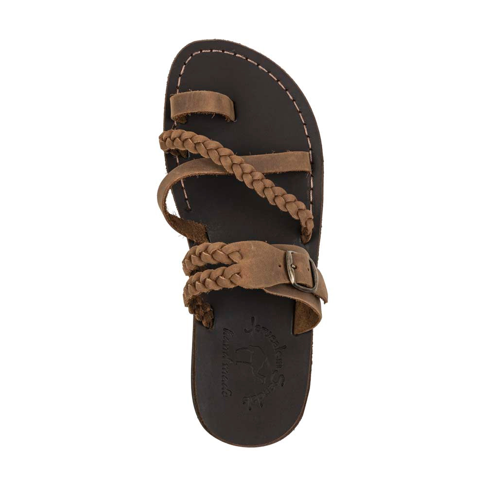 Sophia - Leather Braided Flat Sandal | Oiled Brown - top view