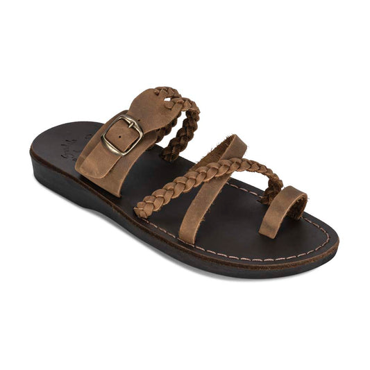 Sophia - Leather Braided Flat Sandal | Oiled Brown - front view