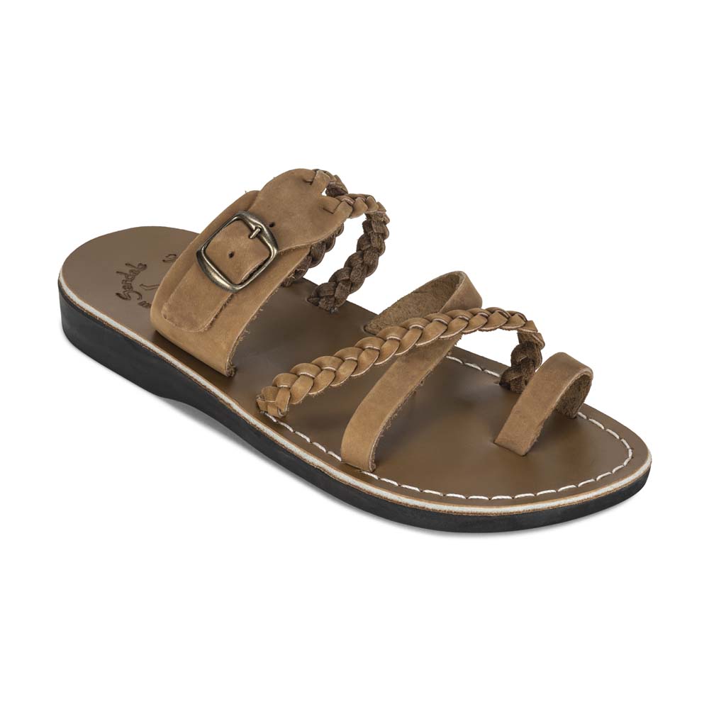 Sophia - Leather Braided Flat Sandal | Tan Nubuck - front view