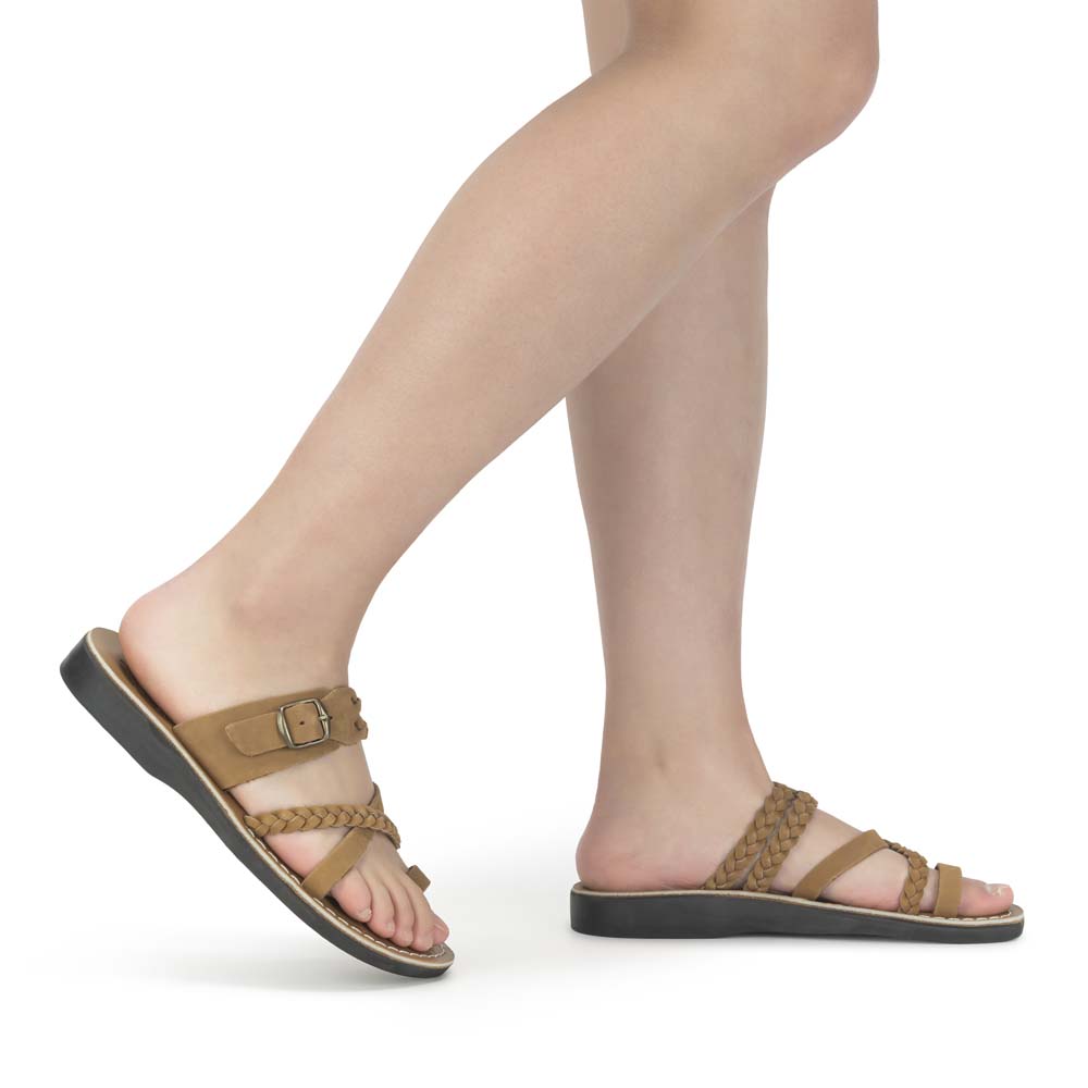 Model wearing Sophia - Leather Braided Flat Sandal | Tan Nubuck - side view