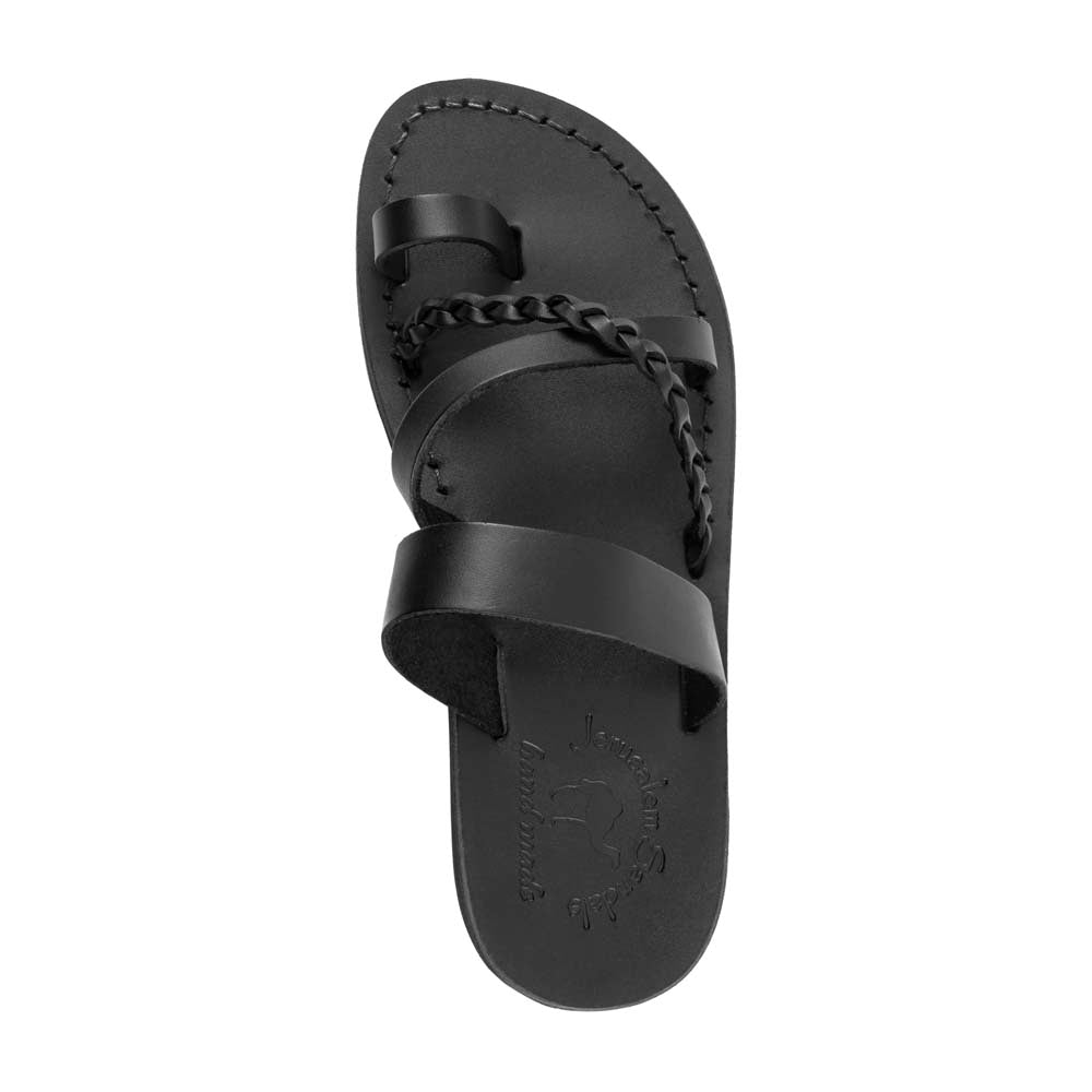 Sophia Black, handmade leather sandals with toe loop and cross straps - Up View