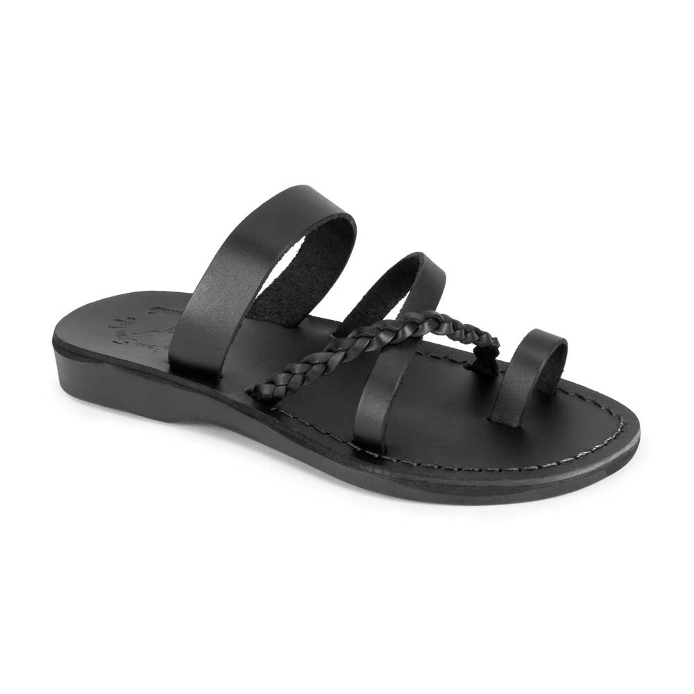 Sophia Black, handmade leather sandals with toe loop and cross straps - Front View