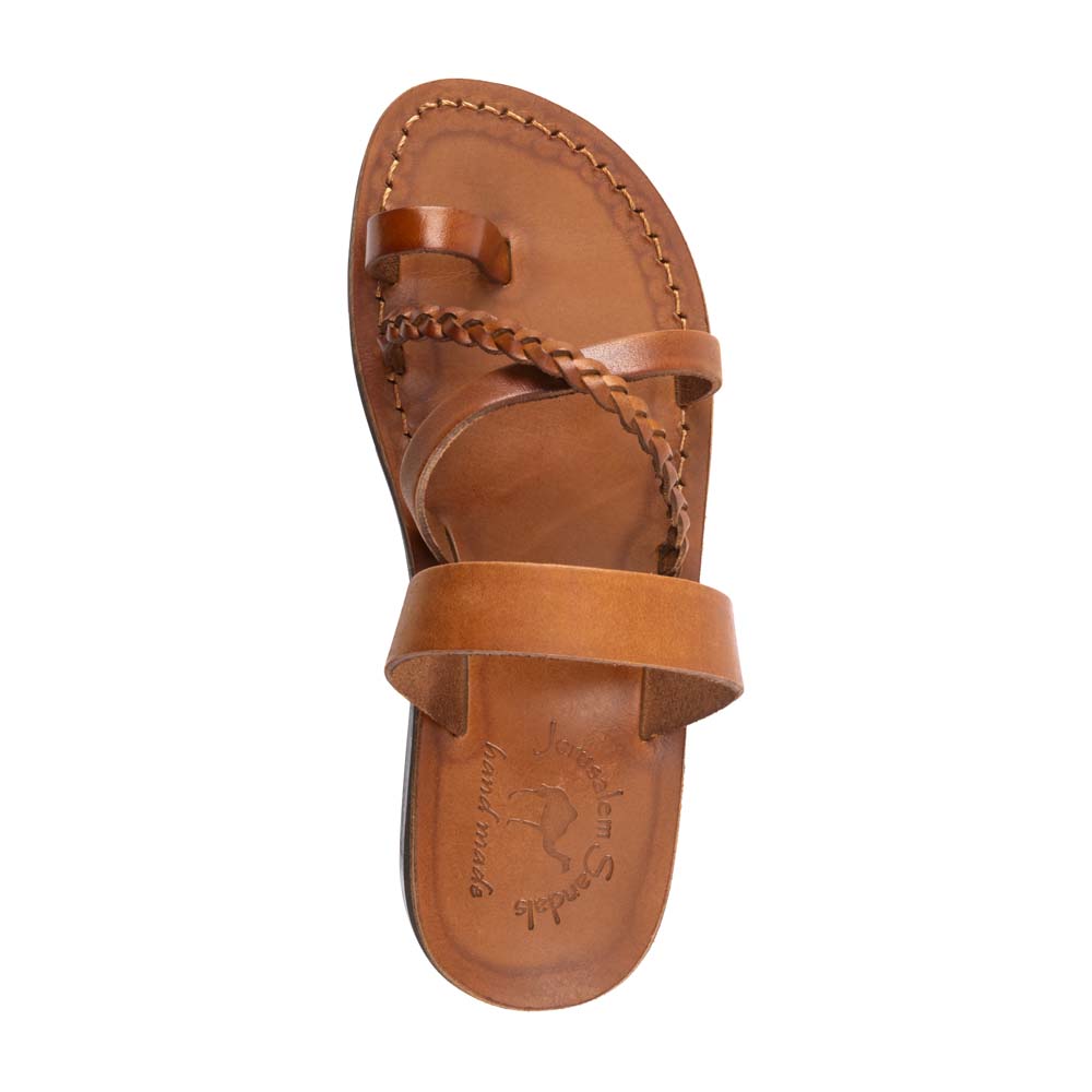 Sophia Honey, handmade leather sandals with toe loop and cross straps - Front View